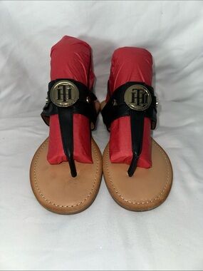 Tommy Hilfiger Black Leather T-Strap Sandals with Gold Logo
